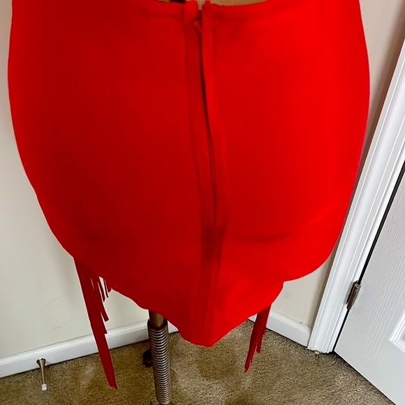 Red Bandage Mini Skirt w/ Fringe Braided Detail - Picture 4 of 5